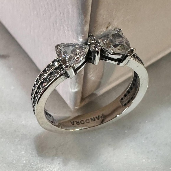 Genuine PANDORA 925 Ale Sparkling Bow Double Row Ring #193552C01 Size 9 - Picture 2 of 7